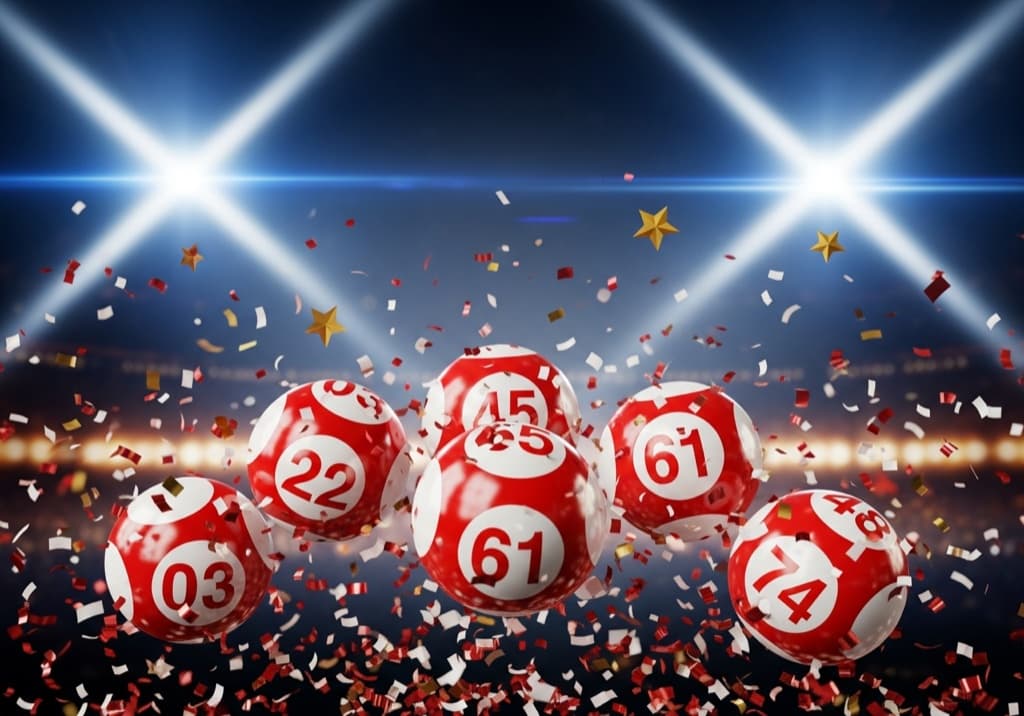 Lottery balls with confetti on stage — the next winner could be you